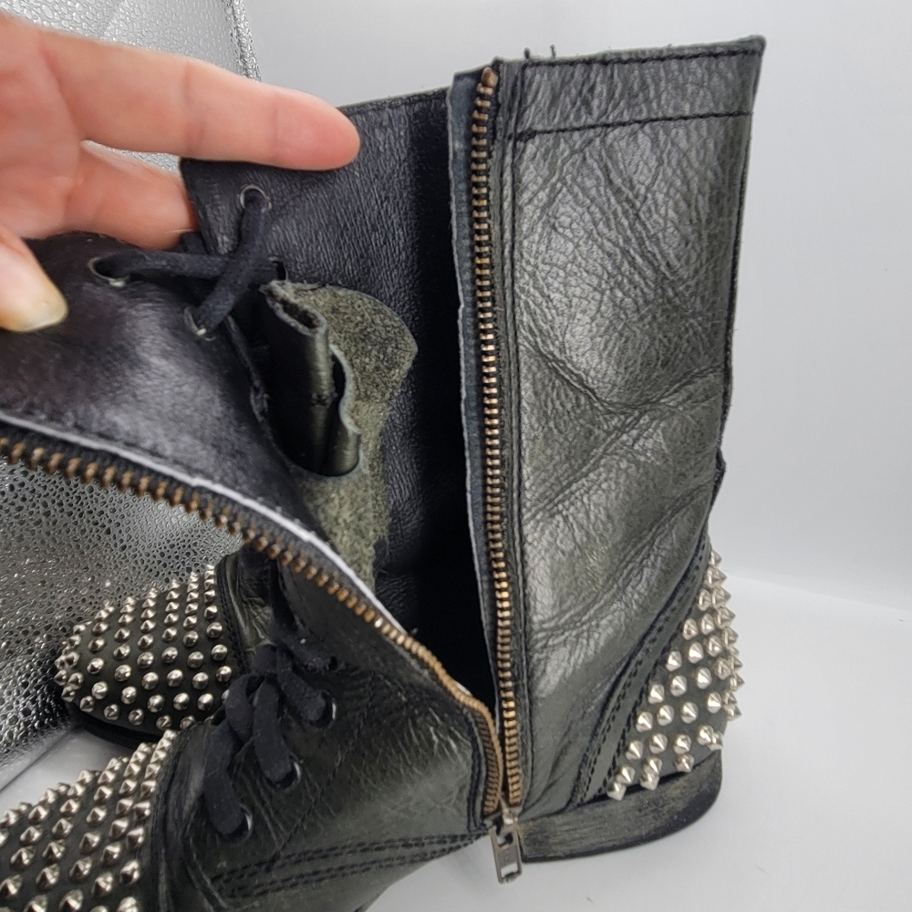 STEVE MADDEN Military Green Leather TARRNEY Motorcycle Grunge Biker Combat 8M - Picture 6 of 11